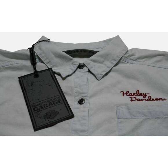 Harley-Davidson Blue Chambray Shirt Womens M Burn Rubber Embroidered Biker Moto - Picture 3 of 11
